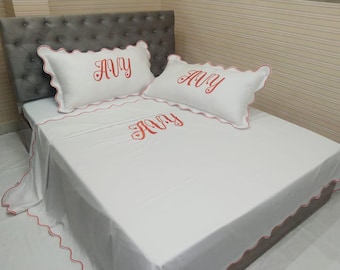 Personalized Monogram Duvet Cover Set: White Cotton Sateen, Scalloped Embroidery