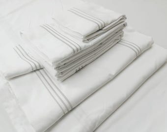 Handmade White Cotton Sateen Sheet Set: Hotel Stitch Embroidery