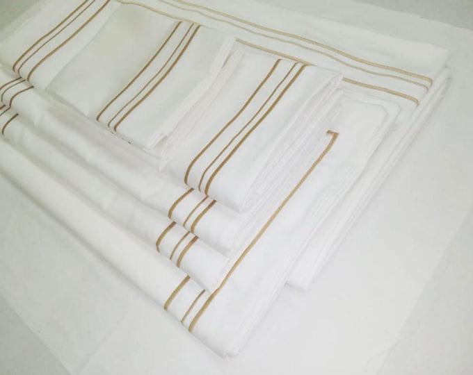 Featured listing image: Bedding set 400 Thread count White cotton Sateen Hotel Stitch 3 line Embroider bedding set(Handmade)