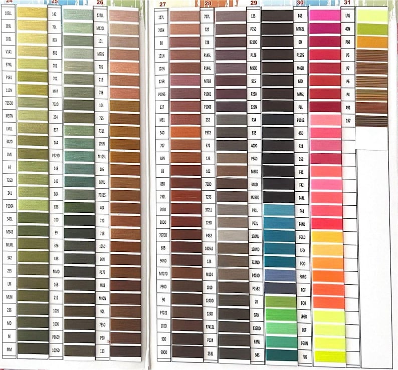 K&ouml;nnte beinhalten: Eine Farbkarte mit Reihen von Garnproben in verschiedenen Farben. Die Karte ist mit den Zahlen von 24 bis 31 beschriftet. Jede Reihe hat eine Nummer und einen Buchstabencode.