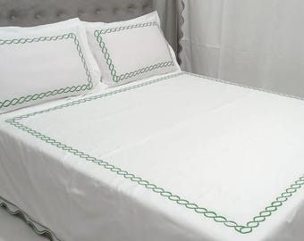Handmade 400 Thread Count Cotton Sateen Duvet Cover Set with Chain Embroidery