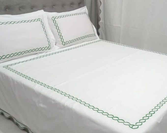 Featured listing image: DUVET COVER- 400 Thread Count White Cotton Sateen Hotel Stitch Duvet  Set in  chain  Embroidery 1 Duvet Cover and 2 Pillow Sham  Handmade