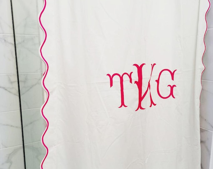 Featured listing image: Personalized Monogram  White 100% Cotton Sateen scalloped Embroidery shower Curtain
