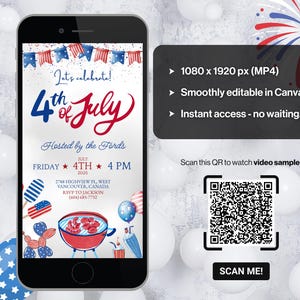 4. Juli Einladung mit Feuerwerk. Digitaler Unabhängigkeitstag Party einladen. Animiertes Grillfest oder Lagerfeuer Feier eVite. Canva Vorlage