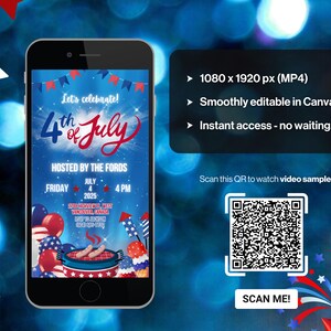 4. Juli Einladung mit Feuerwerk. Digitaler Unabhängigkeitstag Party einladen. Animiertes Grillfest oder Lagerfeuer Feier eVite. Canva Vorlage