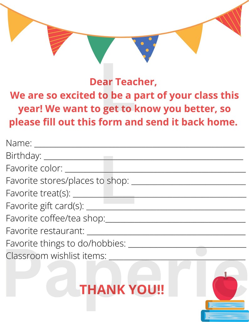 Teacher Favorite Things Survey, Printable PDF, Teacher Gift - Etsy