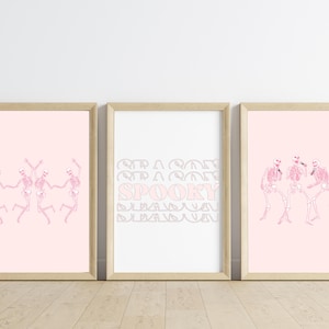 Pink Skeleton Spooky Wall Art Set of 3 Ghost Wall Prints Spooky Decor Cute Skeletons Pastel Halloween Wall Art Digital Prints