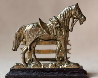 Vintage English Brass Horse Letter/Napkin Holder on Wood Base, Equestrian Ranch Style Decor