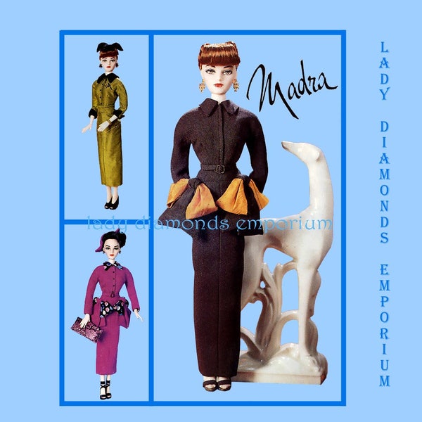 Vogue 7382 1950’s High Fashion Clothes for The Ashton Drake Madra Doll Hat Handbag Dress in 3 Variations OOP Sewing Pattern 742 Uncut FF