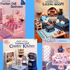 May include: Four plastic canvas dollhouse patterns. The patterns include a bedroom, living room, and country kitchen. The bedroom set has a bed, dresser, and rug. The living room set has a sofa, chair, and rug. The kitchen set has a table, stove, and cabinets.