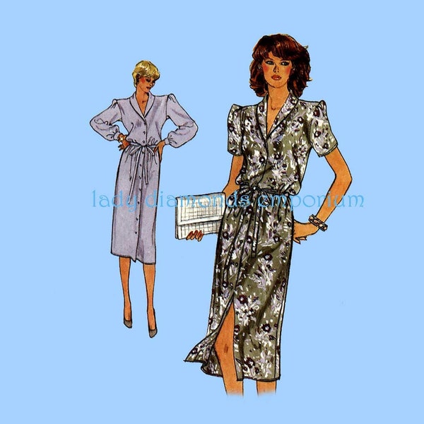 1980’s Loose Fit Front Button Blouson Dress Shawl Collar Short or Long Sleeve Womens size 14 16 Bust 36 38 Easy Sewing Pattern Vogue 7576