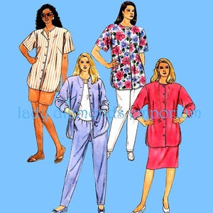 May include: Four different sewing patterns for tops and trousers. The patterns are shown on four different models. The patterns are for a long-sleeved shirt, a short-sleeved shirt, a pair of trousers, and a skirt.
