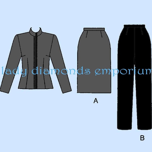 Vintage David Warren Semi-Fit Jacket Straight Skirt Pants 3-pc Suit Womens size 14 16 18 Chic Office Attire Sew Pattern Butterick 3308 Uncut