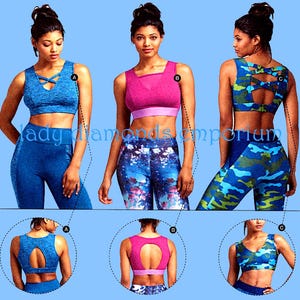 May include: Three athletic sports bras and matching leggings sets labeled A, B, and C. Set A is blue, B is pink, and C is blue camouflage. The text reads lady diamonds emporium and EVERY CUP SIZE for every BAND SIZE with various back designs.