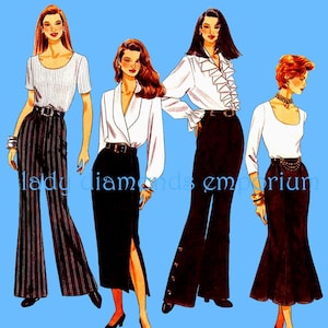 May include: Illustration of four women modeling vintage fashion. The outfits include white blouses, black skirts, and striped or solid black pants. The text "lady diamonds emporium" is visible on the image.