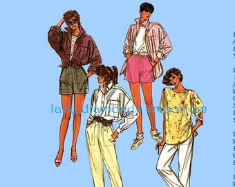 1980’s Pullover T-shirt Top Loose Fitting Button-up Long Sleeve Shirt Pull-on Pants Shorts Womens sz 12 14 16 Sewing Pattern Simplicity 7281