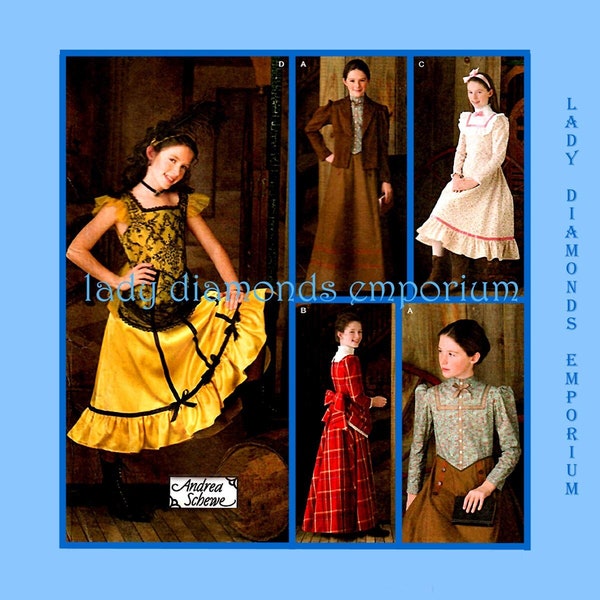 1800’s Costume Pattern Dance Hall Girl Prairie Dress Long Skirt Blouse Petticoat Girls 7 8 10 12 14 Historical Cosplay Simplicity 2843 Uncut