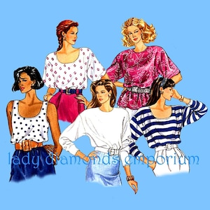 1980’s Pullover Top in Five Styles Short or Long Sleeve  Womens size XS S M L XL Fast & Easy Sewing Pattern Butterick 3198 Uncut