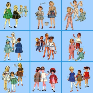 Könnte beinhalten: Eine Sammlung von neun Illustrationen von Kindern in verschiedenen Outfits. Die Illustrationen sind im Vintage-Stil gehalten und zeigen eine Vielzahl von Farben und Mustern.