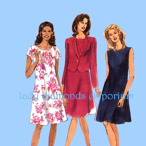 1990's Easy A-line Flared Dress & Short or Long Sleeve Jacket Womens size 14 16 18 Bust 36 38 40 Plus Size Sew Pattern Simplicity 7117 Uncut