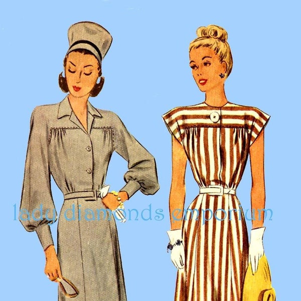 1940's Loose-Fitting Dress A-line Skirt Short or Long Sleeves Womens size 14 Bust 32 Vintage Printed Sewing Pattern McCalls 6485
