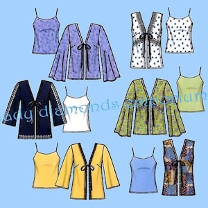 May include: A collection of garment patterns featuring various tops and jackets. The designs include camisoles and open-front jackets with bell sleeves or decorative trim. Colors range from blue and yellow to green and navy, with some patterns showcasing floral or polka dot prints.