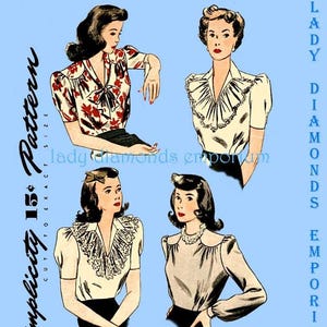 1940’s Pullover Blouse Top Shirt in 4 Styles Short or Long Sleeve Side Zipper Womens size 14 Bust 32 Vintage Sewing Pattern Simplicity 4507