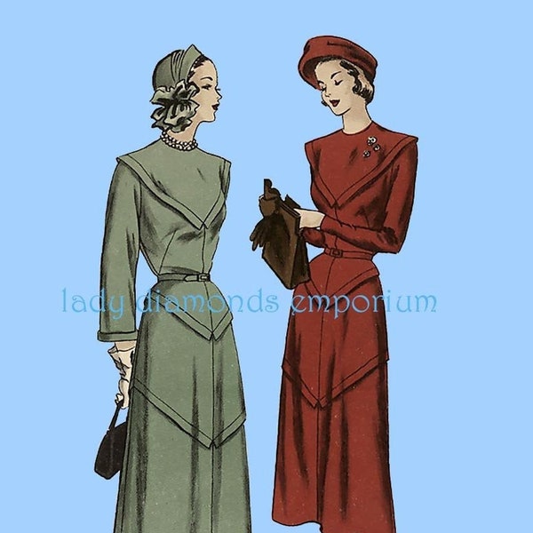 1940's RARE Long Sleeve Dress A-line Skirt Chevron Detailing Jewel Neckline Womens size 16 Bust 34 Unprinted Sewing Pattern VTG Vogue 6293