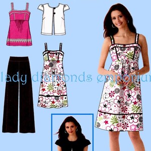 Easy Raised Waist Top Sun Dress Wide Leg Pants Short Sleeve Jacket Babydoll Dress Womens 16 18 20 22 24 Sewing Pattern Simplicity 2373 Uncut