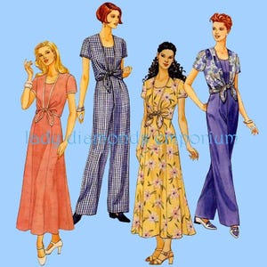 1990&#39;s Feminine Maxi Dress + Jumpsuit + Mock Front Vest Princess Seam Fitted & Flared Womens sz 8 10 12 Sewing Pattern McCalls 8727 Uncut