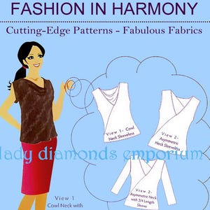 May include: Illustration of a woman in a red skirt and brown top, with three blouse designs. The text reads "FASHION IN HARMONY" and "1001 - Acute Angle Blouse". The designs include cowl neck and asymmetric neck options.