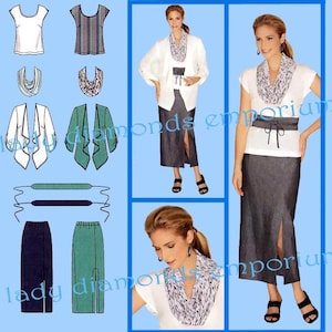 Womens Pullover Tunic T-shirt Top Slim Pull-on Maxi Skirt Jacket Belt Tube Cowl Scarf Plus Size 20 22 24 26 28 Pattern Simplicity 1920 Uncut