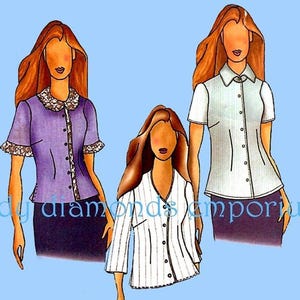 May include: Illustration of three blouses in different styles. One is purple with lace trim, another is white with short sleeves, and the third is white with vertical stripes. The text "diy diamonds emporium" is visible in the image.