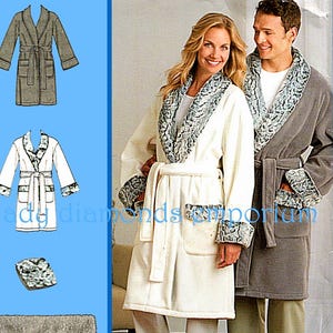 May include: A sewing pattern for robes and home accessories featuring illustrations of a white robe with patterned trim, a gray robe, and a throw blanket. The text lady diamonds emporium is visible on the side of the blue background image.