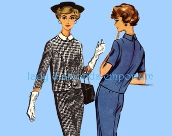 1950’s Two Piece Dress Straight Wiggle Skirt Top Short or Long Sleeve Blouse Womens size 16 Bust 36 Vintage Sewing Pattern McCalls 4669