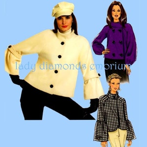 May include: An off-white jacket with large black buttons and bell sleeves. The jacket is paired with black pants and a matching hat. The image also includes illustrations of other jackets in purple and black and white patterns. The text "lady diamonds emporium" is visible.