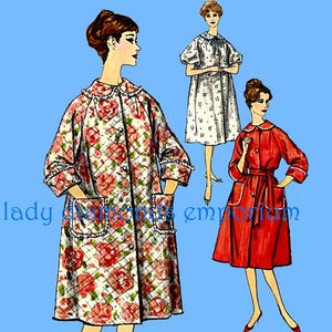 May include: Vintage fashion illustration featuring three women in dresses. The main figure wears a floral print coat dress with pockets and a white collar. The other two figures are in a white floral dress and a red dress with a white collar and trim. The text "LADY DIAMONDS EMPORIUM" is on the right side.