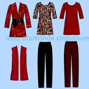 May include: A set of clothing items including a red cardigan with a belt, a red vest, a black and white animal print top, a red top, black pants, and red pants.