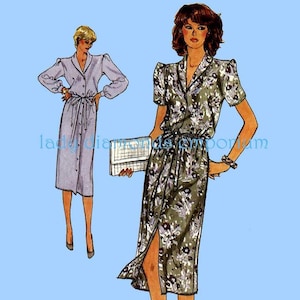 1980’s Loose Fit Straight Front Button Blouson Dress Shawl Collar Short or Long Sleeve Womens size 14 16 Easy Sewing Pattern Vogue 7576