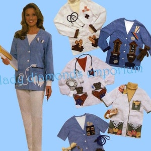 1990’s Womens Scrub Jackets & Appliques Short or Long Sleeve size 18 20 22 24 Doctor Nurse Vet Dentist Sewing Pattern Simplicity 8005 Uncut