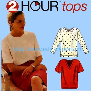 May include: A sewing pattern for two tops. The pattern includes instructions for a white short-sleeved top and a red v-neck short-sleeved top. The pattern also includes a black and white polka dot long-sleeved top.