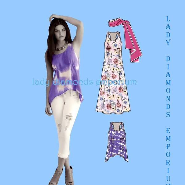 Womens Pullover A-line Flared Dress & Top Semi Racer Back High-Low Hem Loose-fit size 4 6 8 10 12 14 16 Sewing Pattern New Look 6102 Uncut