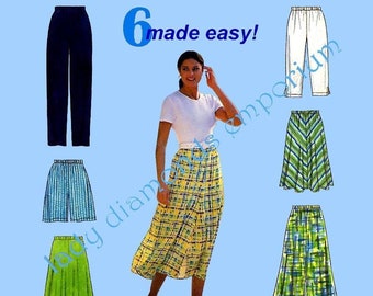 1990's Easy Pull-on Flared Skirt 2 Lengths Front Slit Pants Capris Shorts Womens sz 6 8 10 12 14 16 Waist 23-30 Sew Pattern Simplicity 7655