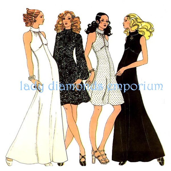610 McCalls 3396 1970’s Empire Waist Mini Maxi Dress w Shaped Bodice, Roll Collar Misses & Juniors size 7, Bust 31 Sewing Pattern Uncut