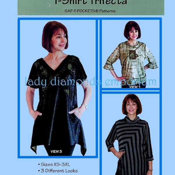 Womens Tops Tunics T-shirts 3 Styles Zippered Pockets size XS S M L XL 2XL 3XL Travel-wear Sewing Pattern Saf-T-Pockets 2014 Uncut