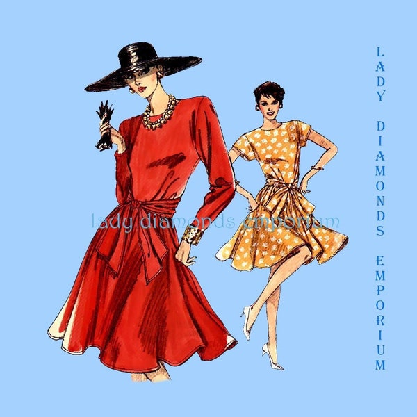1980's Easy Semi- Fitted & Flared Dress Womens Short or Long Sleeves size 14 16 18 B. 36 38 40 Plus Size Rockabilly Pattern Vogue 7271 Uncut
