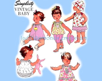 Vintage Baby Sewing Pattern Romper Dress Top Pants Panties Hat Bonnet size Newborn to 24 lb XXS XS S M L Bran New Simplicity 1813 Uncut FF