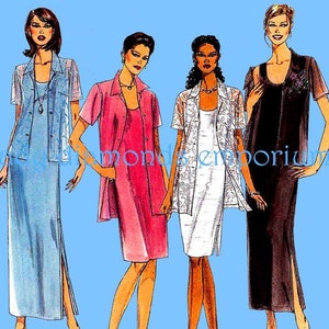 May include: Four women's dress patterns with different styles and colors. The patterns include a blue dress with a matching jacket, a pink dress with a matching jacket, a white dress with a matching jacket, and a black dress with a matching jacket.