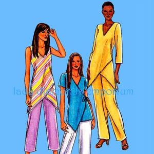 May include: Illustration of three outfits: a striped top with purple pants, a blue wrap top with white pants, and a yellow wrap top with yellow pants. All outfits have a V-neck design. The background is a solid light blue.