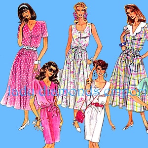 1990’s Pullover / Step-in Dress with Full or Slim Skirt V-neck Scooped Neck Womens size 12 14 16 18 Sewing Pattern Simplicity 7791 Uncut